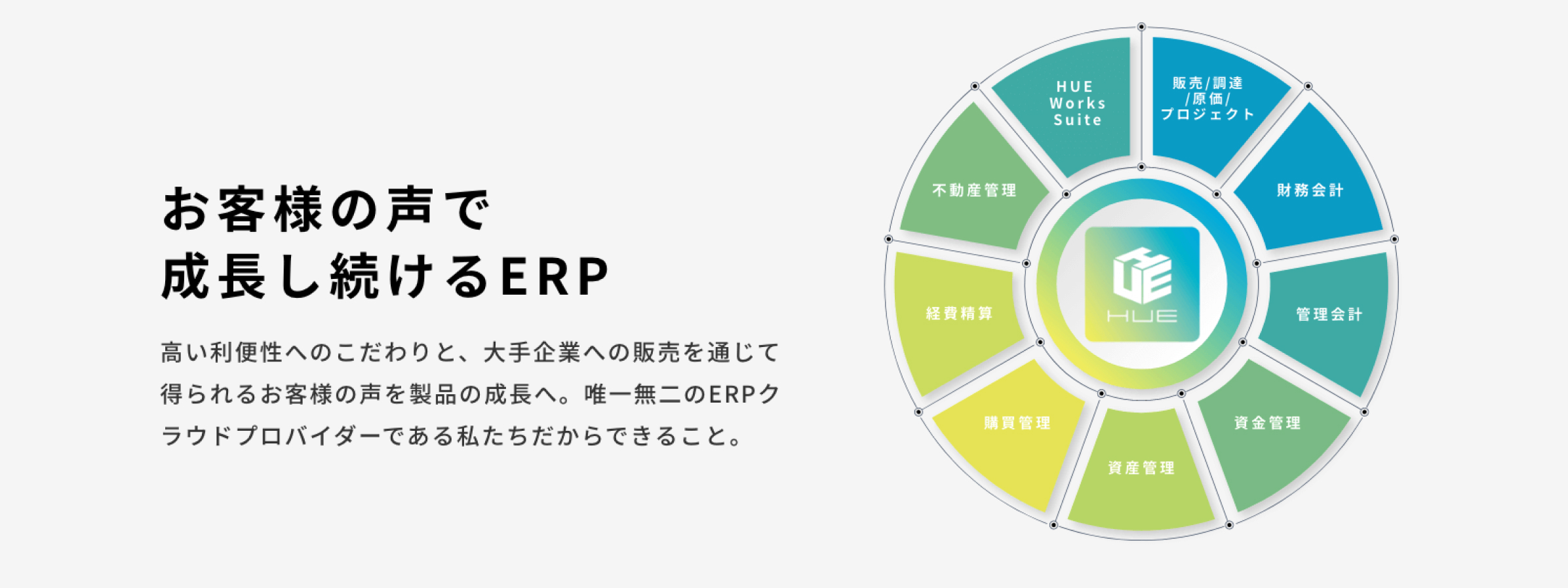 お客様の声で成長し続けるERP「HUE」。高い利便性へのこだわりと、大手企業への販売を通じて得られるお客様の声を製品の成長へ。唯一無二のERPクラウドプロバイダーである私たちだからできること。