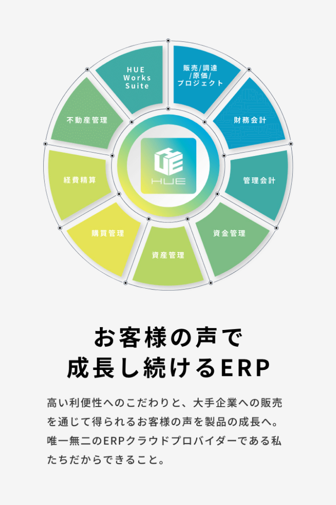 お客様の声で成長し続けるERP「HUE」。高い利便性へのこだわりと、大手企業への販売を通じて得られるお客様の声を製品の成長へ。唯一無二のERPクラウドプロバイダーである私たちだからできること。